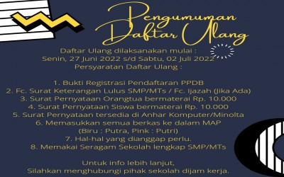 Informasi daftar ulang Siswa baru SMA Negeri 1 Batang Angkola T.P 2022/2023